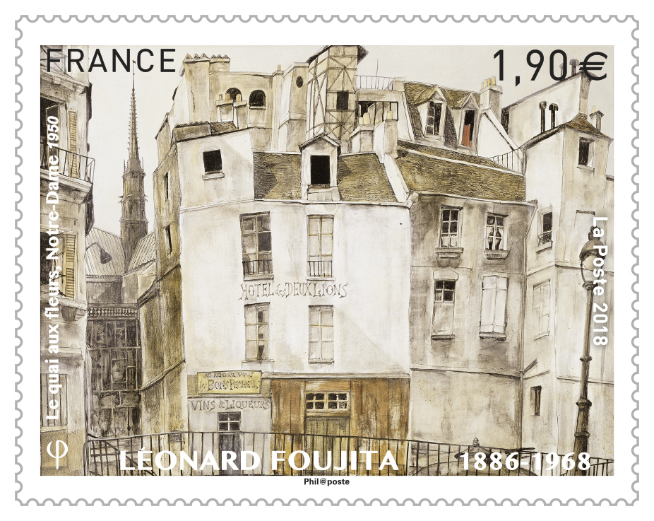LÉONARD FOUJITA 1886-1968 - Le quai aux fleurs, Notre-Dame 1950