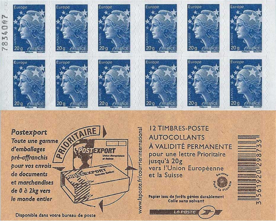 Carnet Postexport 2011 de 12 TVP bleus légendés 20g Europe